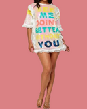 "See Me Doing Better Without You" Sequin Shirt Dress (White)