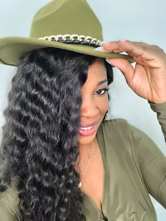 Fedora Hat - (Olive / gold chain)