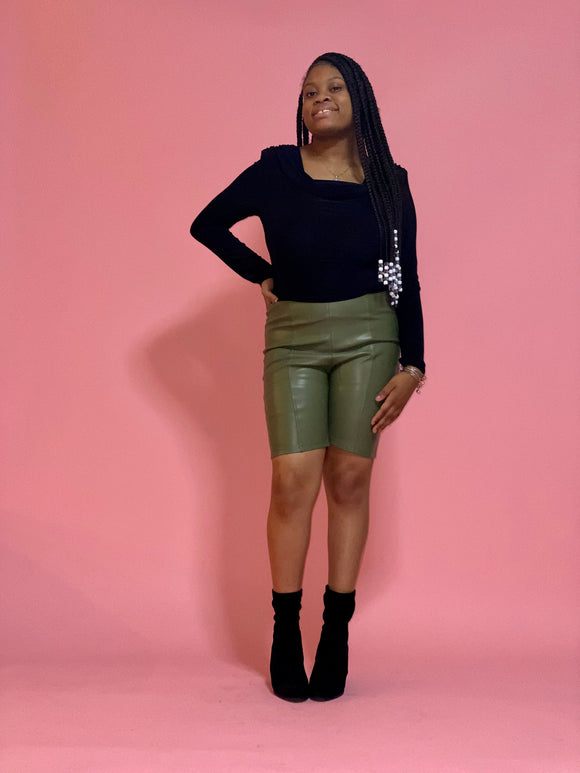 Aria Faux Leather Shorts (Dusty Olive)