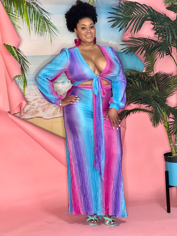 Yara 2 Piece Skirt Set - CURVY - (Multi - Blue)