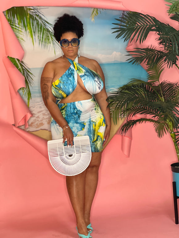 Cyane Halter Top Mini Dress - CURVY - (Aqua blue/ yellow)